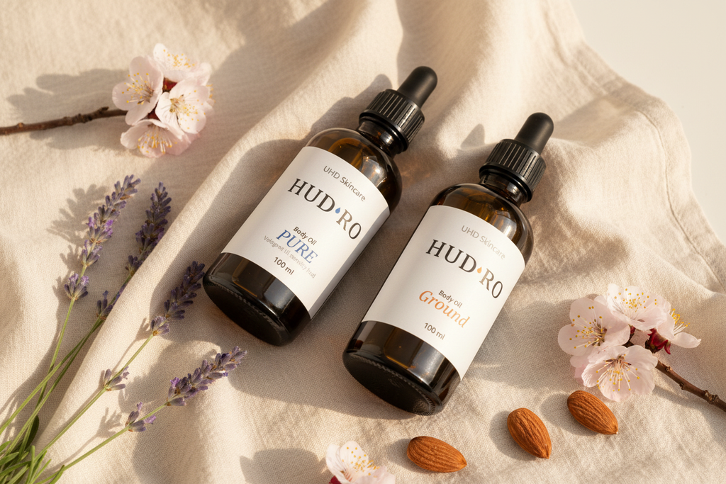 Hud·ro Pure & Ground på klæde med præcise etiketter